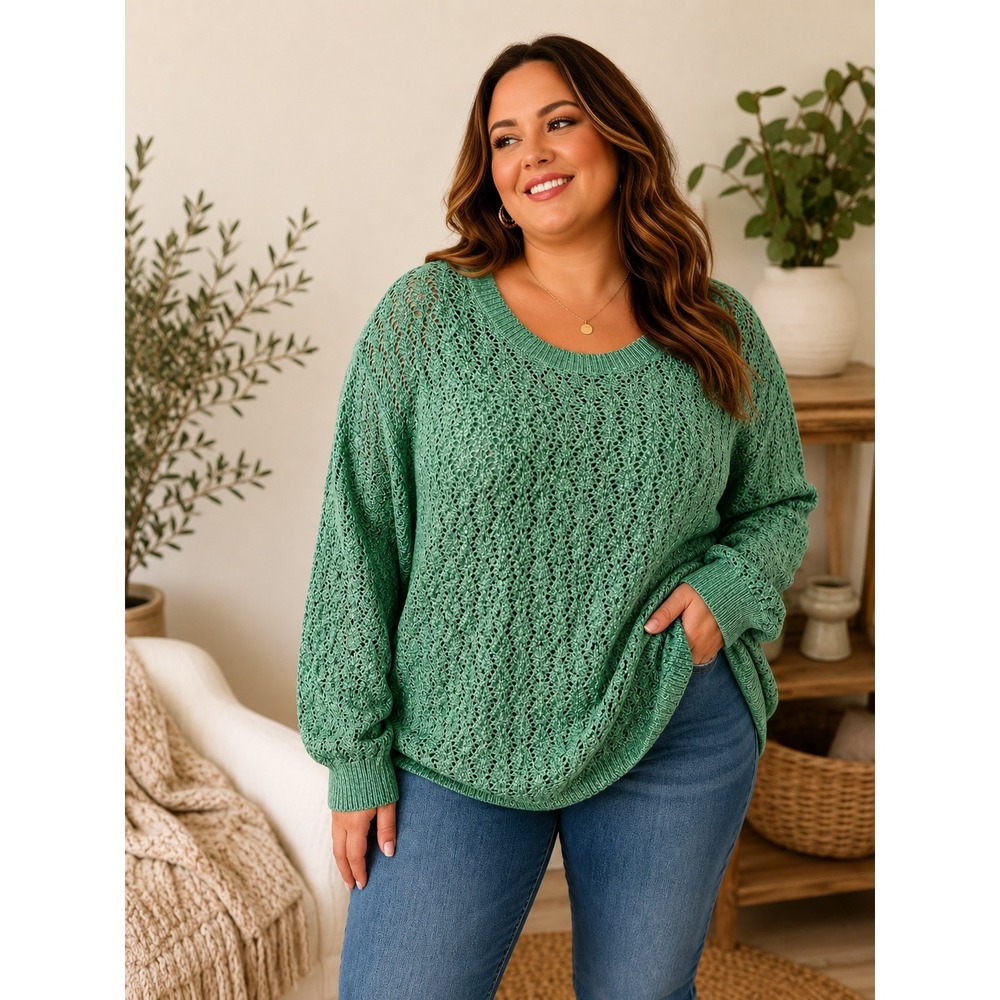 Talbots Plus Petite Green Pointelle Open‎ Knit Sweater Coastal Grandmother 2XP